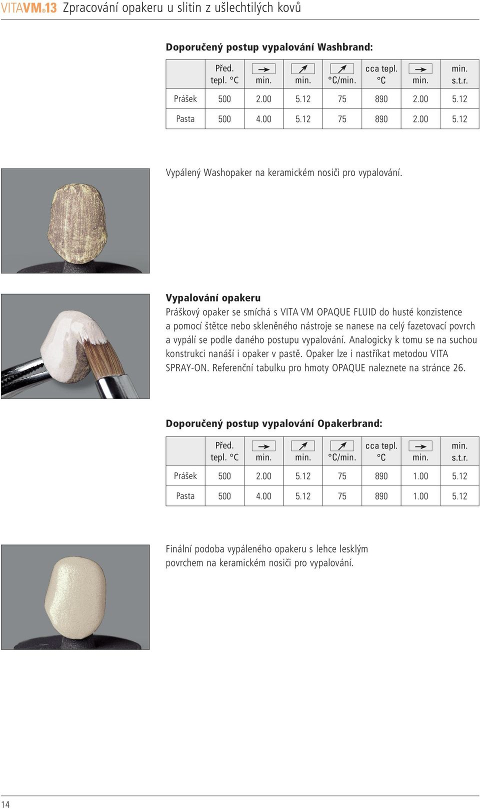 vypalování. Analogicky k tomu se na suchou konstrukci nanáší i opaker v pastě. Opaker lze i nastříkat metodou VITA SPRAY-ON. Referenční tabulku pro hmoty OPAQUE naleznete na stránce 26.