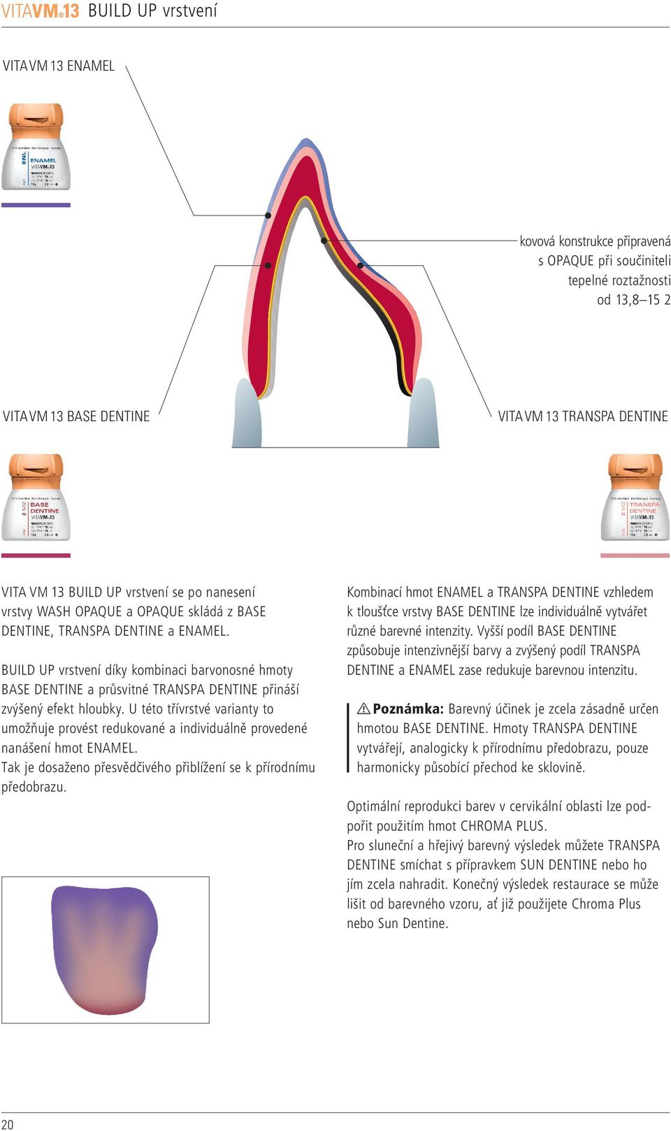 BUILD UP vrstvení díky kombinaci barvonosné hmoty BASE DENTINE a průsvitné TRANSPA DENTINE přináší zvýšený efekt hloubky.