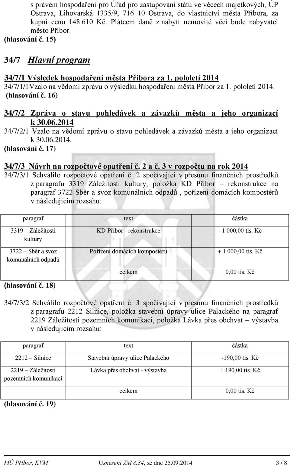 pololetí 2014 34/7/1/1Vzalo na vědomí zprávu o výsledku hospodaření města Příbor za 1. pololetí 2014. (hlasování č. 16) 34/7/2 Zpráva o stavu pohledávek a závazků města a jeho organizací k 30.06.