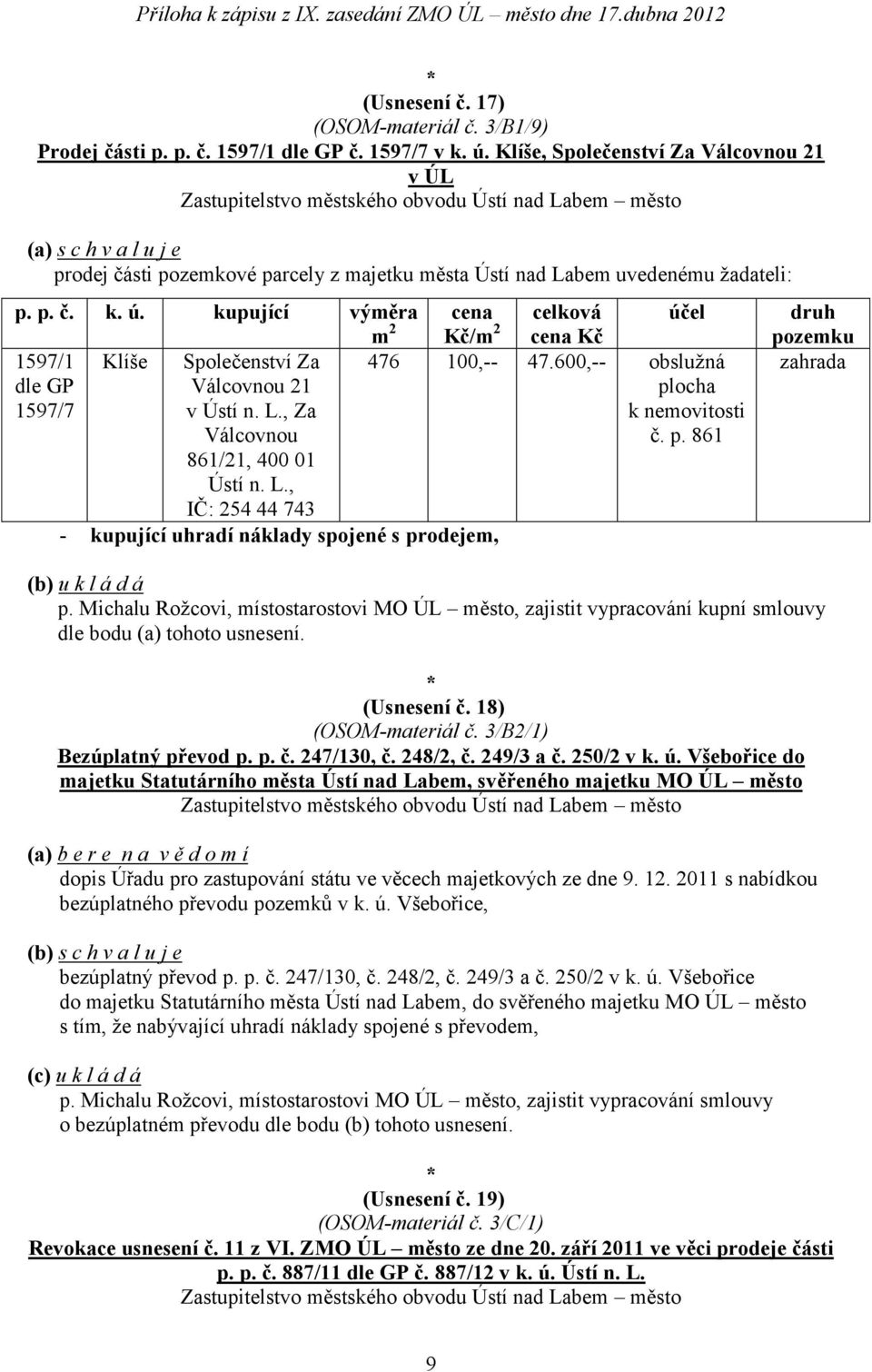 kupující výměra cena Kč/ 1597/1 Klíše Společenství Za 476 100,-- 47.600,-- obslužná Válcovnou 21 1597/7 v Ústí n. L., Za k nemovitosti Válcovnou č. p. 861 861/21, 400 01 Ústí n. L., IČ: 254 44 743 (Usnesení č.