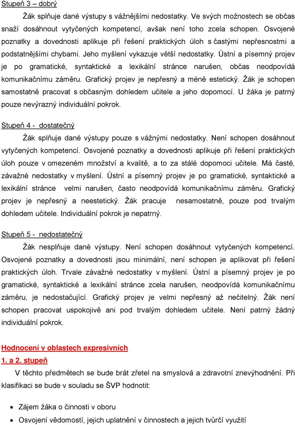 Ústní a písemný projev je po gramatické, syntaktické a lexikální stránce narušen, občas neodpovídá komunikačnímu záměru. Grafický projev je nepřesný a méně estetický.