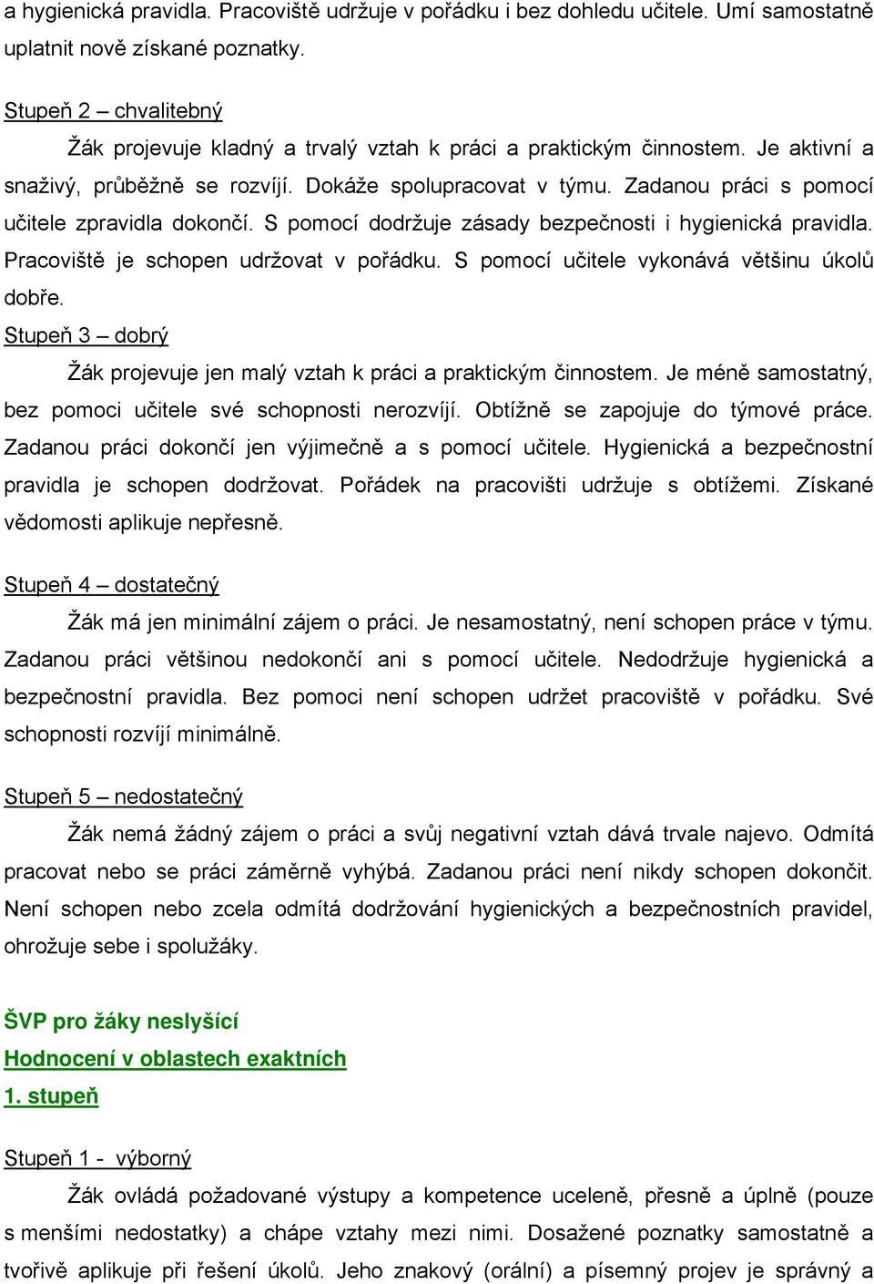 Zadanou práci s pomocí učitele zpravidla dokončí. S pomocí dodržuje zásady bezpečnosti i hygienická pravidla. Pracoviště je schopen udržovat v pořádku. S pomocí učitele vykonává většinu úkolů dobře.