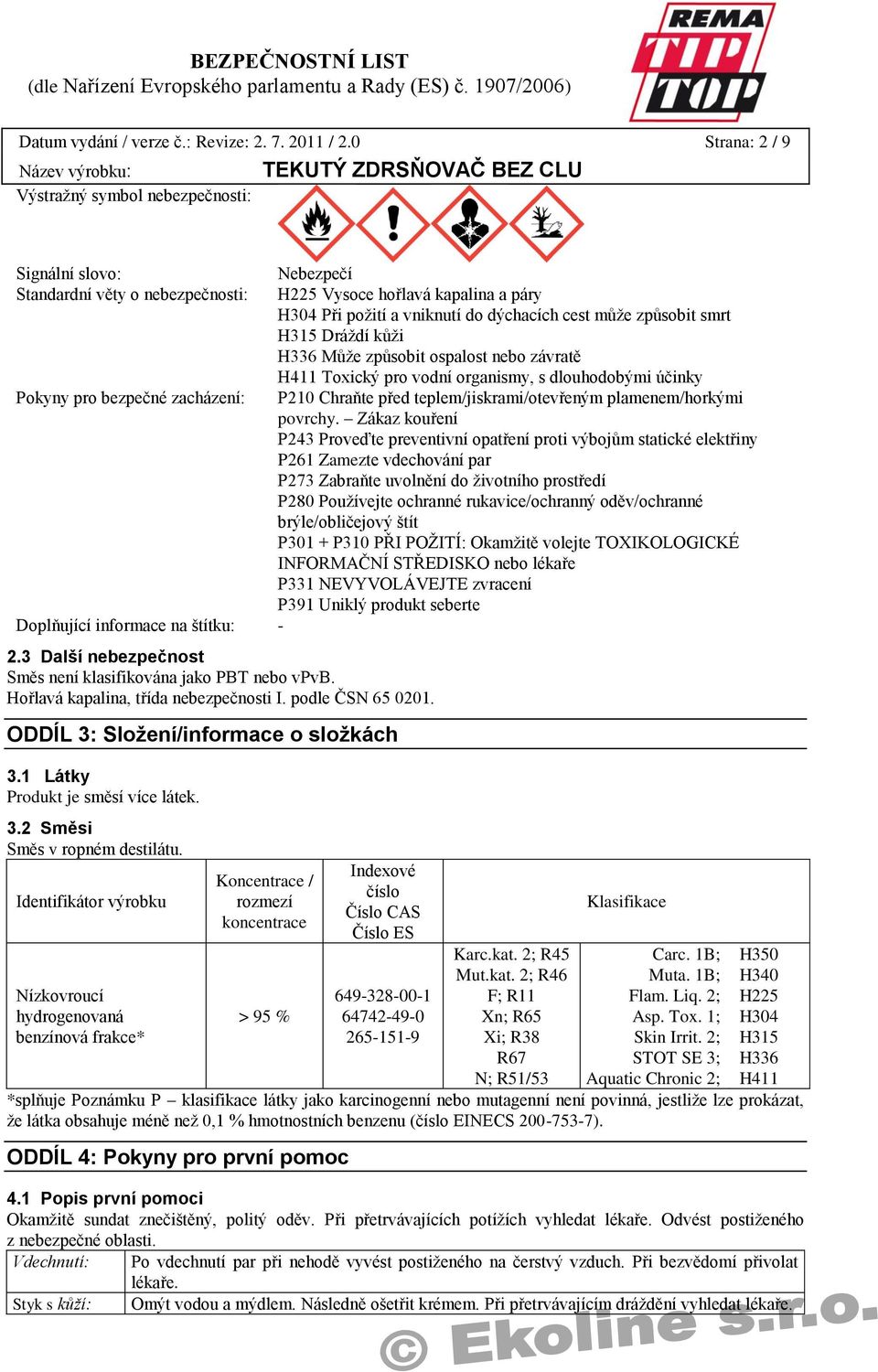 způsobit smrt H315 Dráždí kůži H336 Může způsobit ospalost nebo závratě H411 Toxický pro vodní organismy, s dlouhodobými účinky Pokyny pro bezpečné zacházení: P210 Chraňte před