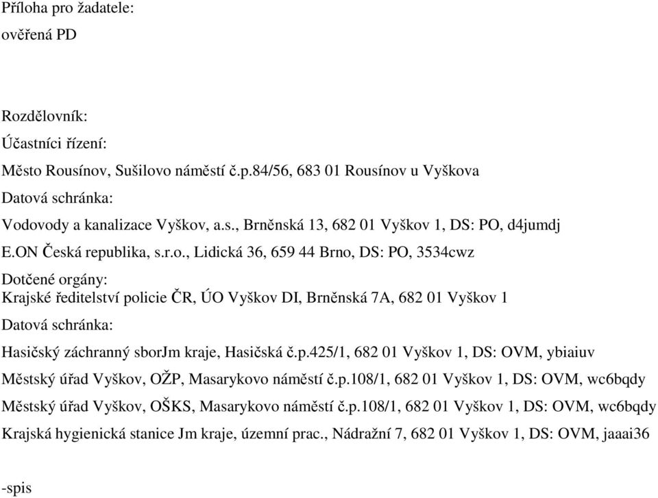 , Lidická 36, 659 44 Brno, DS: PO, 3534cwz Dotčené orgány: Krajské ředitelství policie ČR, ÚO Vyškov DI, Brněnská 7A, 682 01 Vyškov 1 Datová schránka: Hasičský záchranný sborjm kraje, Hasičská č.