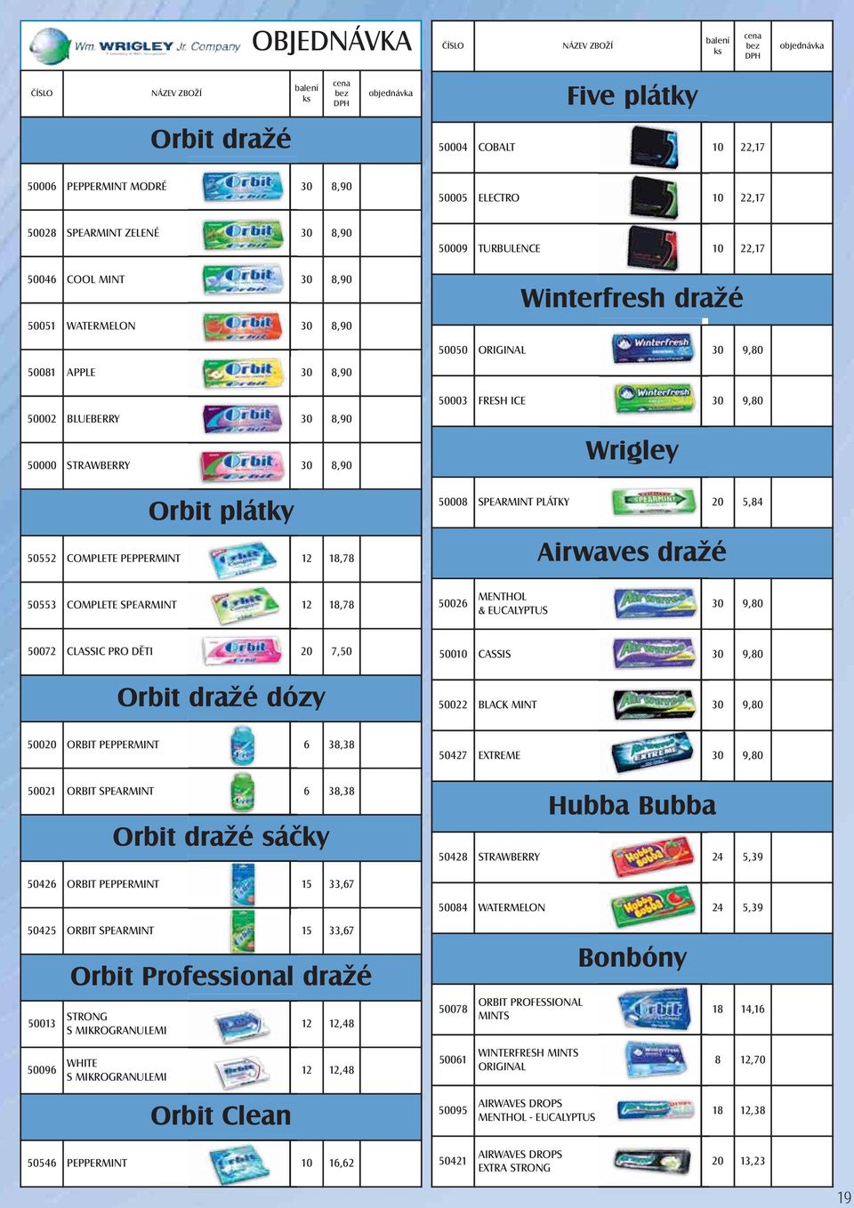 BLUEBERRY 30 8,90 50000 STRAWBERRY 30 8,90 Orbit plátky 50552 COMPLETE PEPPERMINT 12 18,78 50003 FRESH ICE 30 9,80 Wrigley 50008 SPEARMINT PLÁTKY 20 5,84 Airwaves dražé 50553 COMPLETE SPEARMINT 12