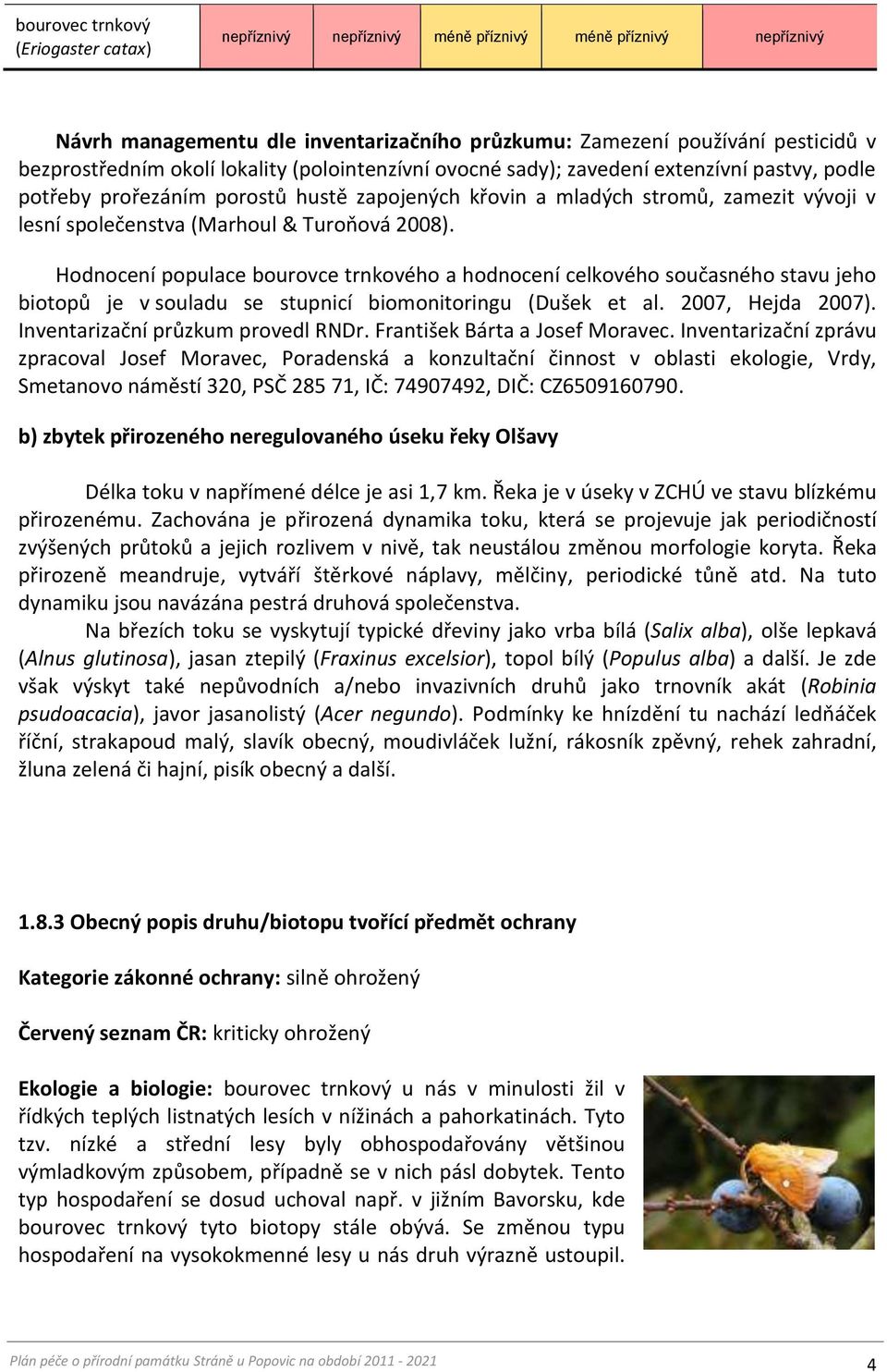 2008). Hodnocení populace bourovce trnkového a hodnocení celkového současného stavu jeho biotopů je v souladu se stupnicí biomonitoringu (Dušek et al. 2007, Hejda 2007).