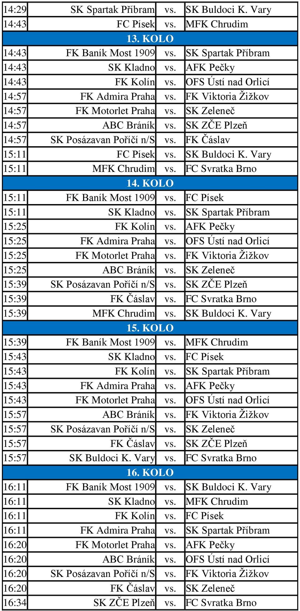 SK Buldoci K. Vary 15:11 MFK Chrudim vs. FC Svratka Brno 14. KOLO 15:11 FK Baník Most 1909 vs. FC Písek 15:11 SK Kladno vs. SK Spartak Příbram 15:25 FK Kolín vs. AFK Pečky 15:25 FK Admira Praha vs.