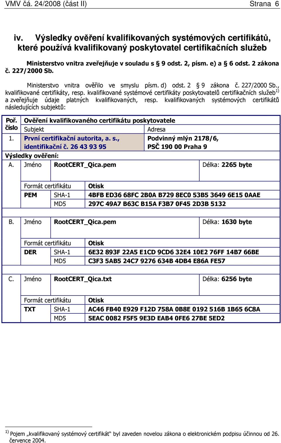 2 zákona č. 227/2000 Sb. Ministerstvo vnitra ověřilo ve smyslu písm. d) odst. 2 9 zákona č. 227/2000 Sb., kvalifikované certifikáty, resp.