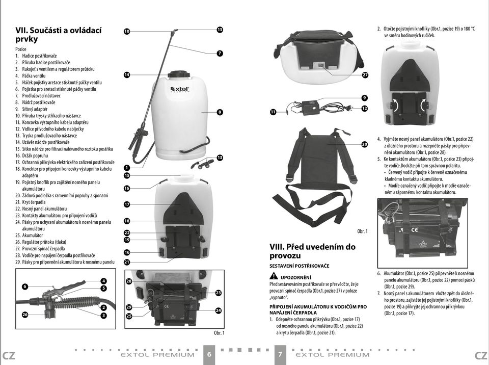 Nádrž postřikovače 9. Síťový adaptér 10. Příruba trysky stříkacího nástavce 11. Koncovka výstupního kabelu adaptéru 12. Vidlice přívodního kabelu nabíječky 13. Tryska prodlužovacího nástavce 14.