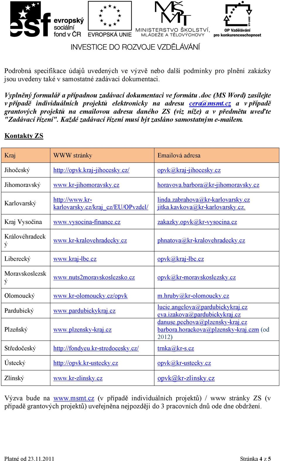 cz a v případě grantových projektů na emailovou adresu daného ZS (viz níže) a v předmětu uveďte "Zadávací řízení". Každé zadávací řízení musí být zasláno samostatným e-mailem.