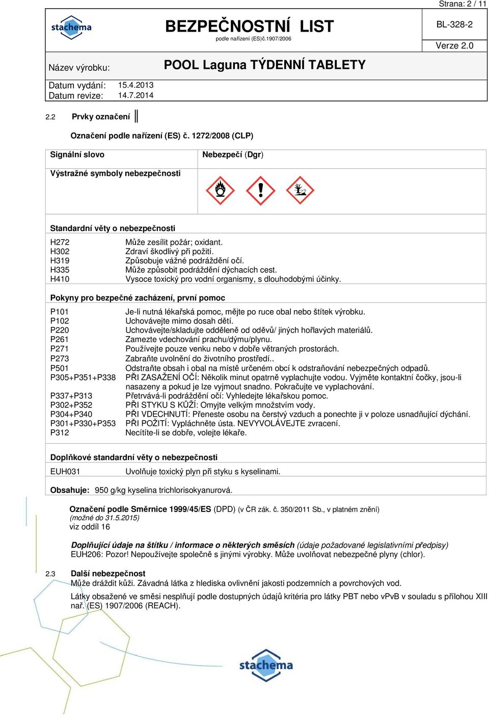 H319 Způsobuje vážné podráždění očí. H335 Může způsobit podráždění dýchacích cest. H410 Vysoce toxický pro vodní organismy, s dlouhodobými účinky.