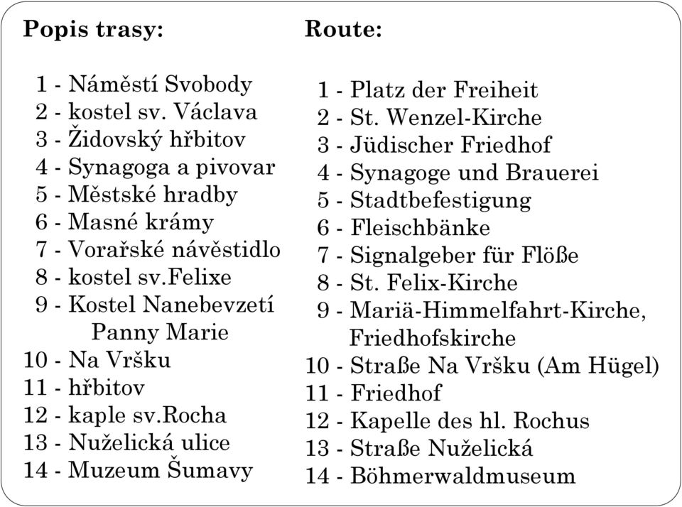 felixe 9 - Kostel Nanebevzetí Panny Marie 10 - Na Vršku 11 - hřbitov 12 - kaple sv.