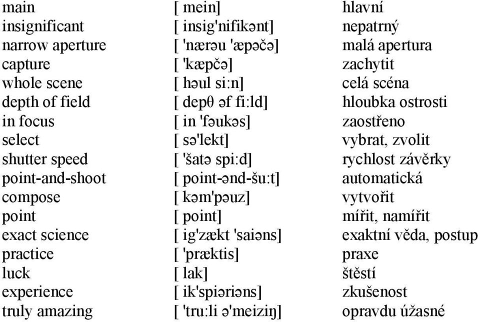 point-ənd-šu:t] [ kəm'pəuz] [ point] [ ig'zækt 'saiəns] [ 'præktis] [ lak] [ ik'spiəriəns] [ 'tru:li ə'meiziŋ] hlavní nepatrný malá apertura zachytit celá