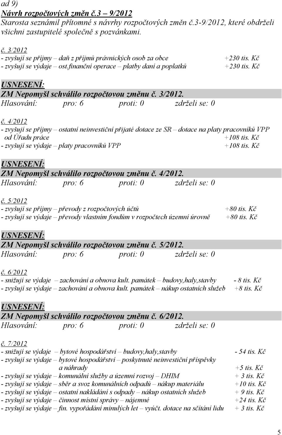 3/2012. č. 4/2012 - zvyšují se příjmy ostatní neinvestiční přijaté dotace ze SR dotace na platy pracovníků VPP od Úřadu práce +108 tis. Kč - zvyšují se výdaje platy pracovníků VPP +108 tis.