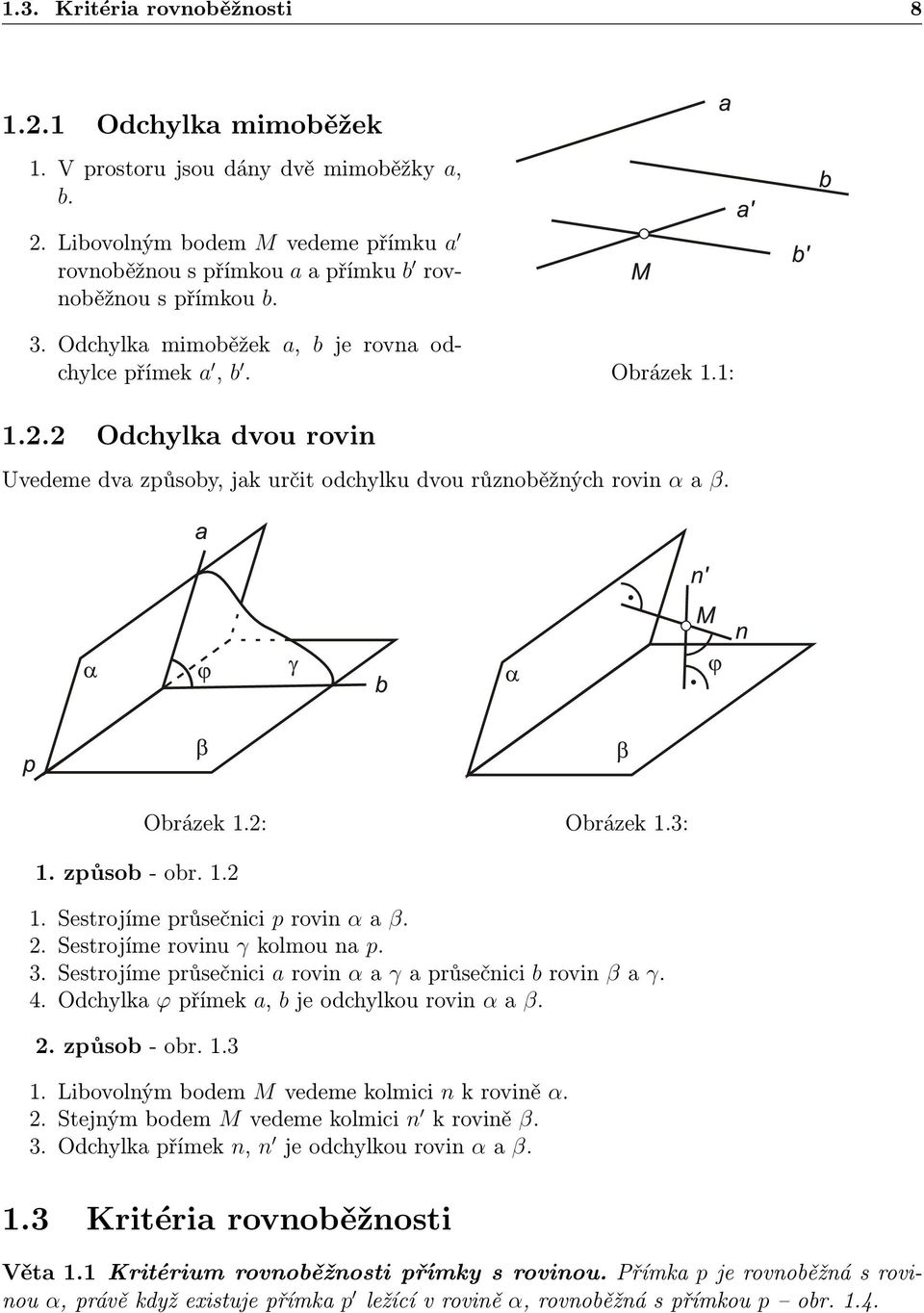 2: Obrázek 1.3: 1. Sestrojíme průsečnici p rovin α a β. 2. Sestrojíme rovinu γ kolmou na p. 3. Sestrojíme průsečnici a rovin α a γ a průsečnici b rovin β a γ. 4.