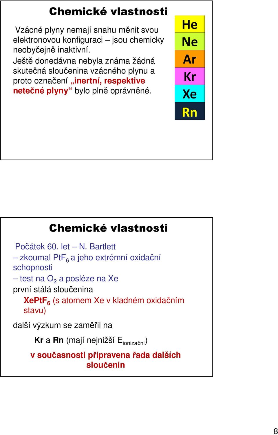 Chemické vlastnosti Počátek 60. let N.