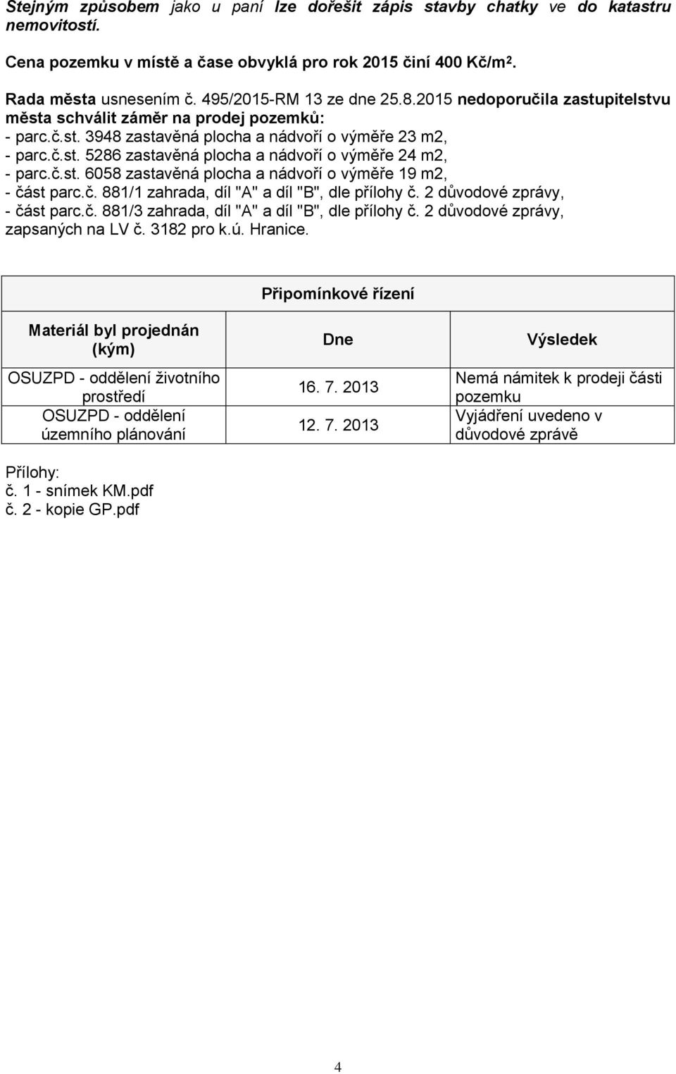 č.st. 6058 zastavěná plocha a nádvoří o výměře 19 m2, - část parc.č. 881/1 zahrada, díl "A" a díl "B", dle přílohy č. 2 důvodové zprávy, - část parc.č. 881/3 zahrada, díl "A" a díl "B", dle přílohy č.