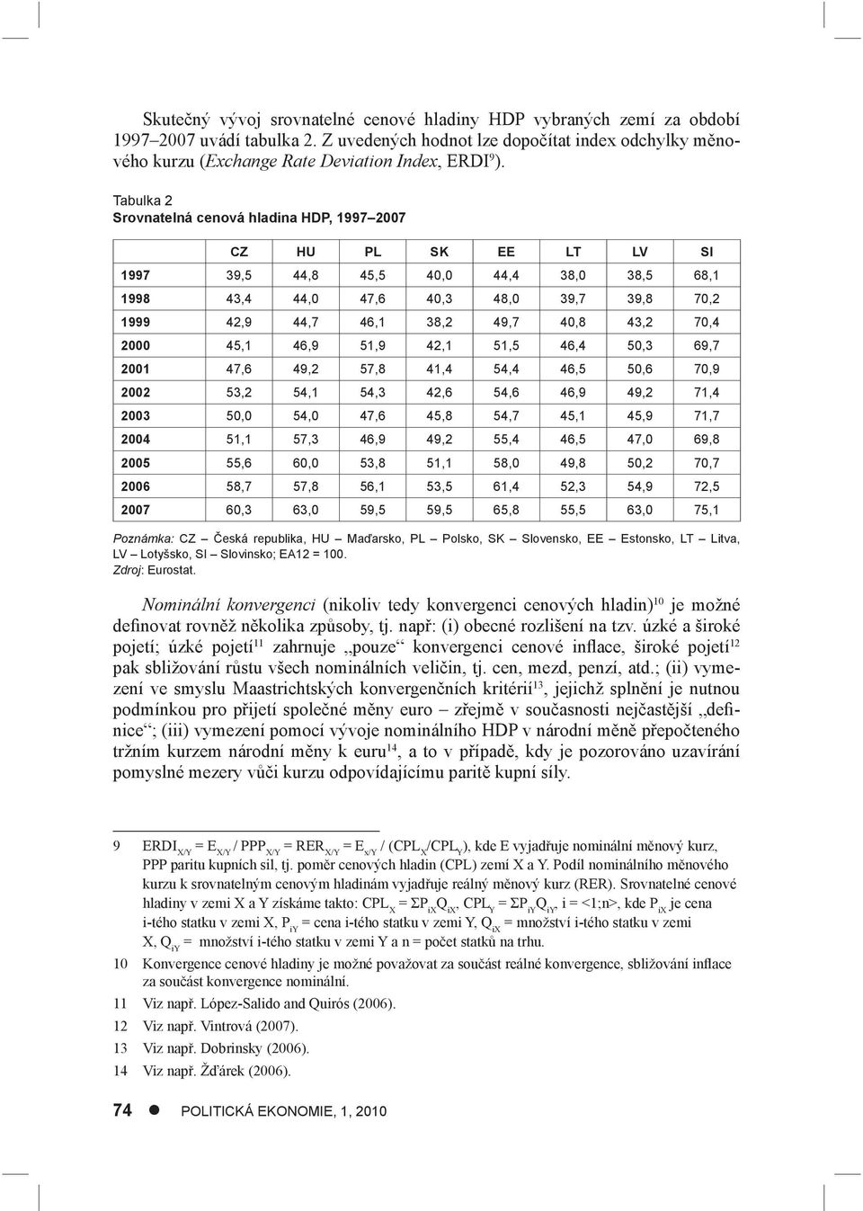 Tabulka 2 Srovnatelná cenová hladina HDP, 1997 2007 CZ HU PL SK EE LT LV SI 1997 39,5 44,8 45,5 40,0 44,4 38,0 38,5 68,1 1998 43,4 44,0 47,6 40,3 48,0 39,7 39,8 70,2 1999 42,9 44,7 46,1 38,2 49,7