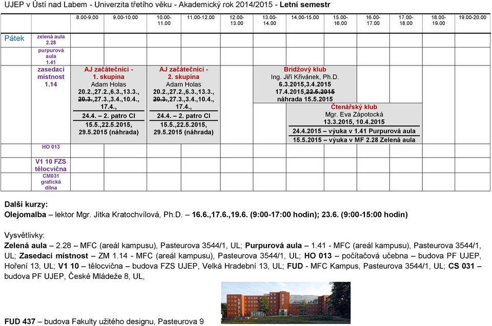 Eva Zápotocká 13.3.2015, 10.4.2015 24.4.2015 výuka v Purpurová 15.5.2015 výuka v MF Zelená Další kurzy: Olejomalba lektor Mgr. Jitka Kratochvílová, Ph.D. 16.