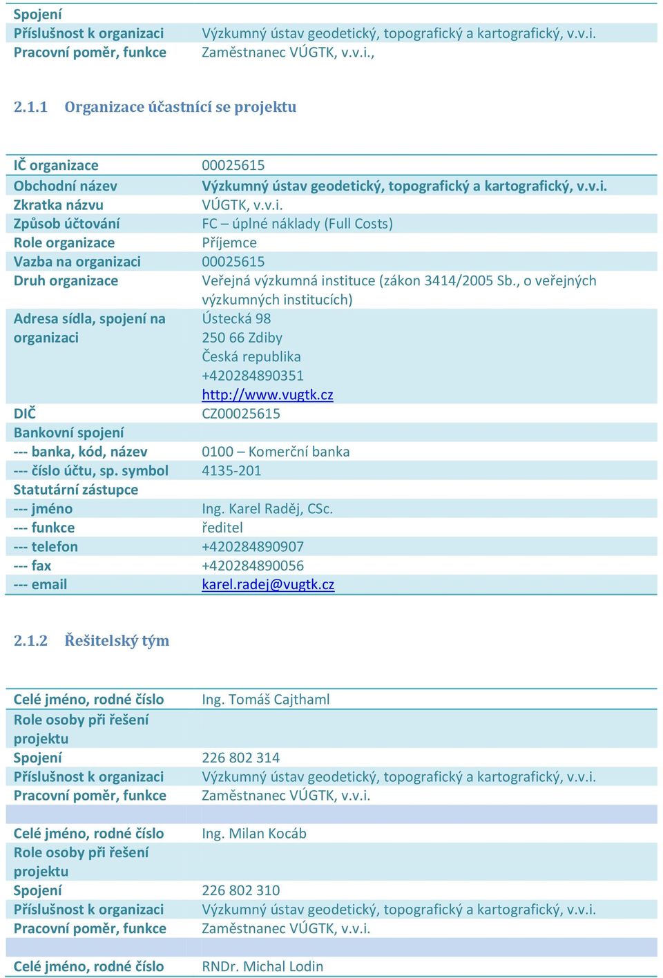 cz DIČ CZ00025615 Bankovní spojení --- banka, kód, název 0100 Komerční banka --- číslo účtu, sp. symbol 4135-201 Statutární zástupce --- jméno Ing. Karel Raděj, CSc.