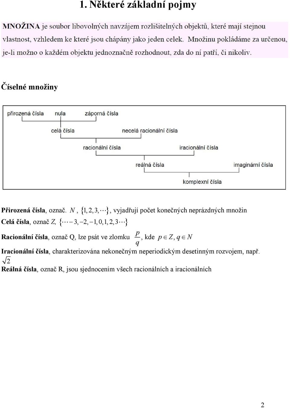 Racionální čísla, označ Q, lze psát ve zlomku q, kde p Z, q N Iracionální čísla, charakterizována
