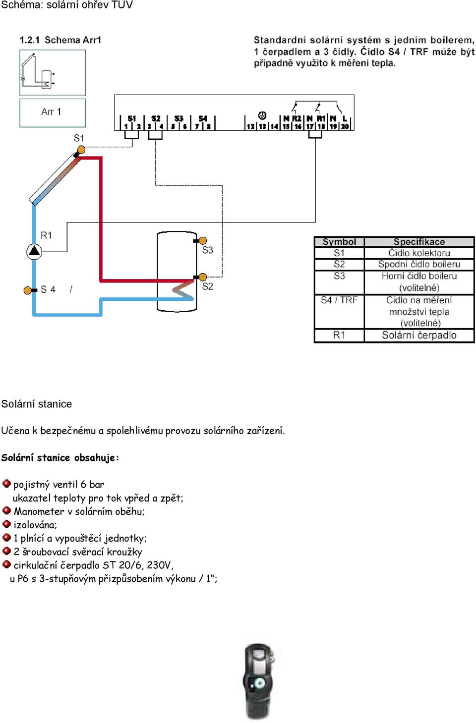 Solární stanice obsahuje: pojistný ventil 6 bar ukazatel teploty pro tok vpřed a zpět;
