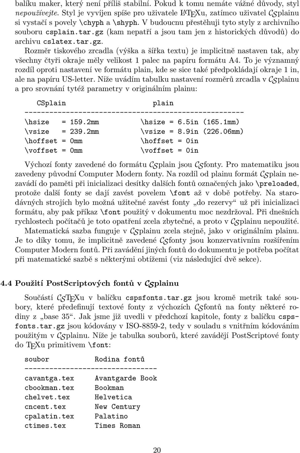 gz (kam nepatří a jsou tam jen z historických důvodů) do archivu cslatex.tar.gz. Rozměr tiskového zrcadla (výška a šířka textu) je implicitně nastaven tak, aby všechny čtyři okraje měly velikost 1 palec na papíru formátu A4.