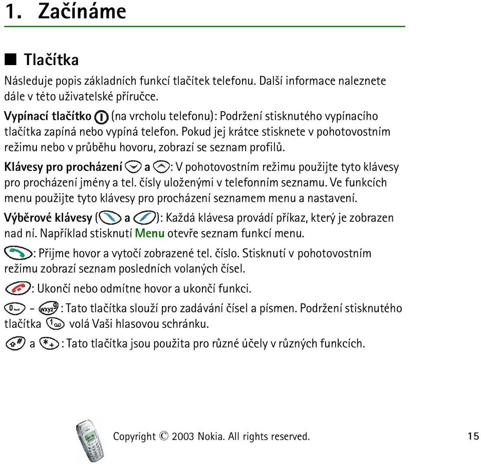 Pokud jej krátce stisknete v pohotovostním re¾imu nebo v prùbìhu hovoru, zobrazí se seznam profilù. Klávesy pro procházení a : V pohotovostním re¾imu pou¾ijte tyto klávesy pro procházení jmény a tel.