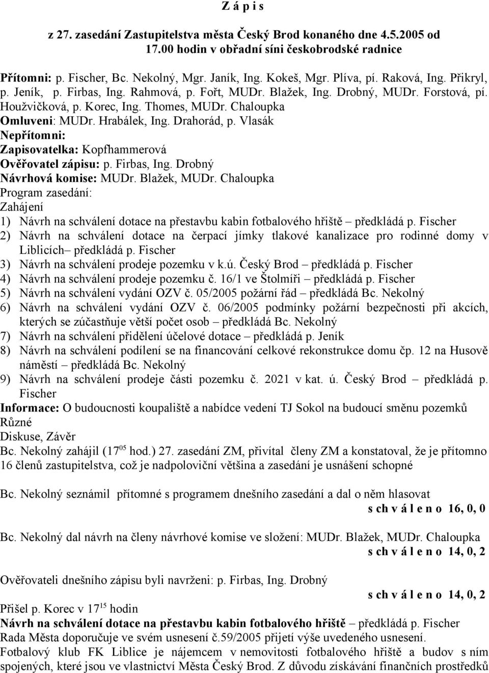 Hrabálek, Ing. Drahorád, p. Vlasák Nepřítomni: Zapisovatelka: Kopfhammerová Ověřovatel zápisu: p. Firbas, Ing. Drobný Návrhová komise: MUDr. Blažek, MUDr.