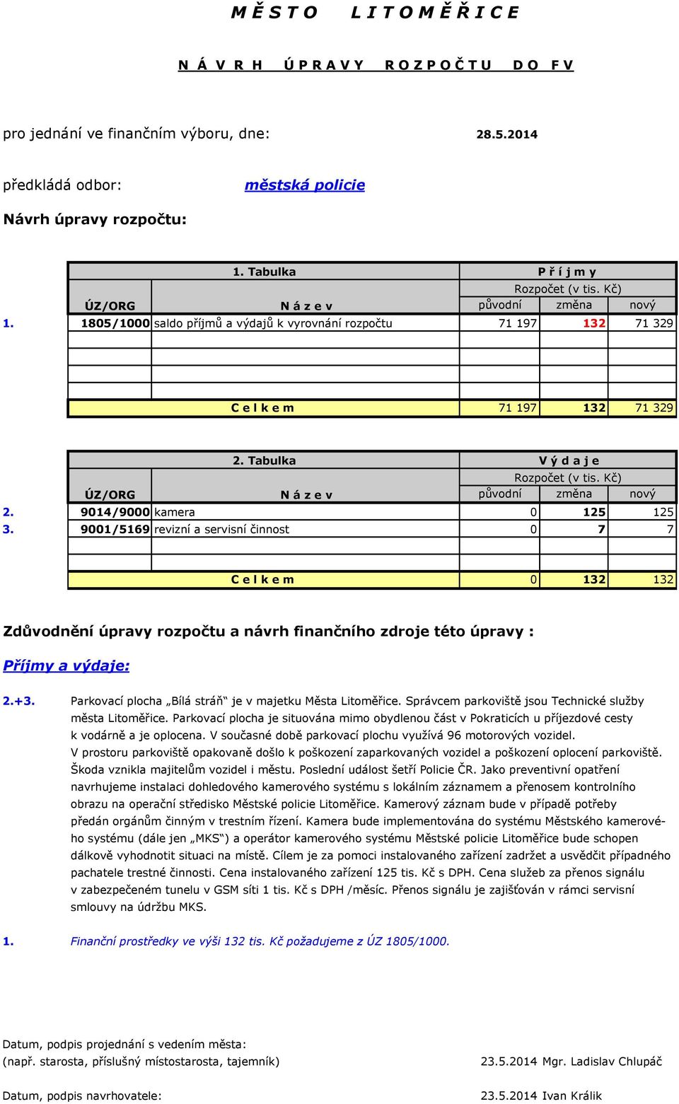 Tabulka V ý d a j e Rozpočet (v tis. Kč) ÚZ/ORG N á z e v původní změna nový 2. 9014/9000 kamera 0 125 125 3.