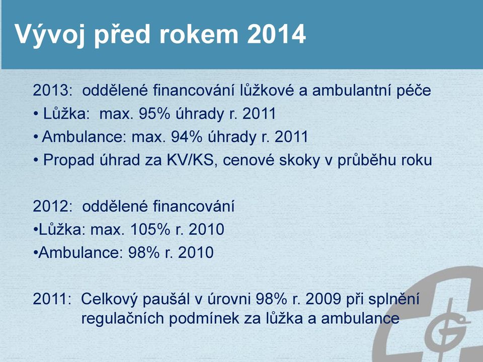 2011 Propad úhrad za KV/KS, cenové skoky v průběhu roku 2012: oddělené financování Lůžka: