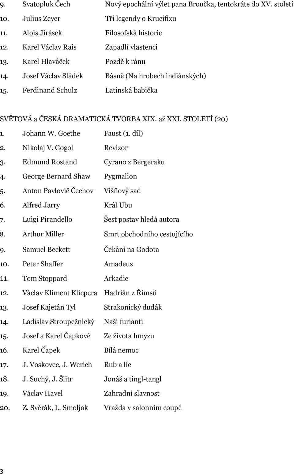 až XXI. STOLETÍ (20) 1. Johann W. Goethe Faust (1. díl) 2. Nikolaj V. Gogol Revizor 3. Edmund Rostand Cyrano z Bergeraku 4. George Bernard Shaw Pygmalion 5. Anton Pavlovič Čechov Višňový sad 6.