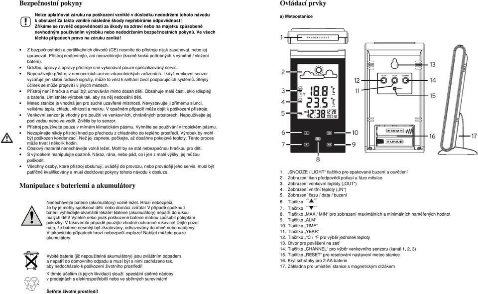 Ovládací prvky a) Meteostanice Z bezpečnostních a certifikačních důvodů (CE) nesmíte do přístroje nijak zasahovat, nebo jej upravovat.