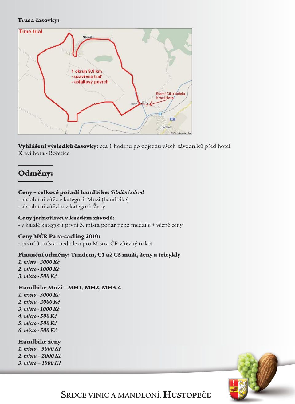 místa pohár nebo medaile + věcné ceny Ceny MČR Para-cacling 2010: - první 3. místa medaile a pro Mistra ČR vítězný trikot Finanční odměny: Tandem, C1 až C5 muži, ženy a tricykly 1.