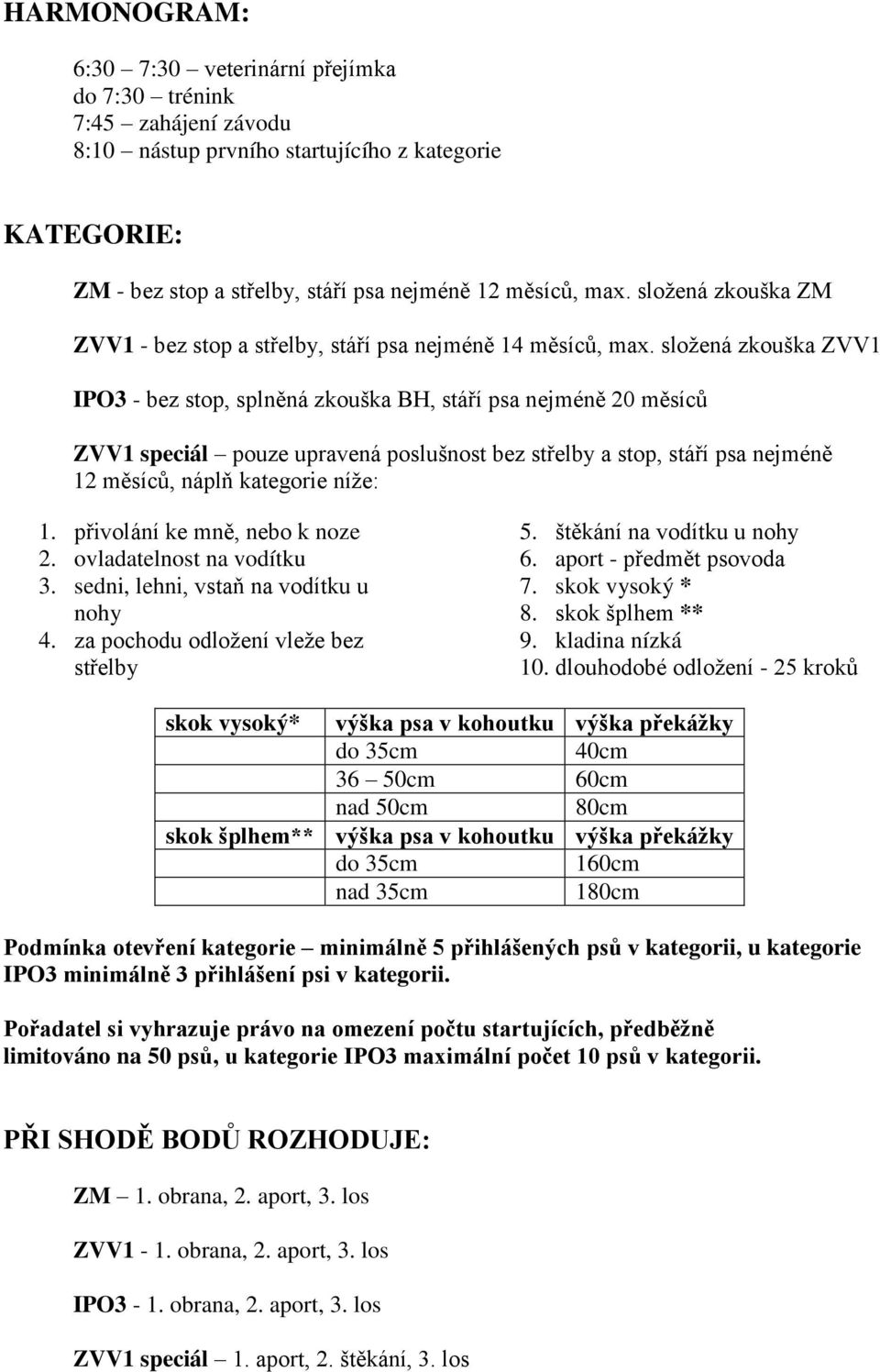 sloţená zkouška ZVV1 IPO3 - bez stop, splněná zkouška BH, stáří psa nejméně 20 měsíců ZVV1 speciál pouze upravená poslušnost bez střelby a stop, stáří psa nejméně 12 měsíců, náplň kategorie níţe: 1.