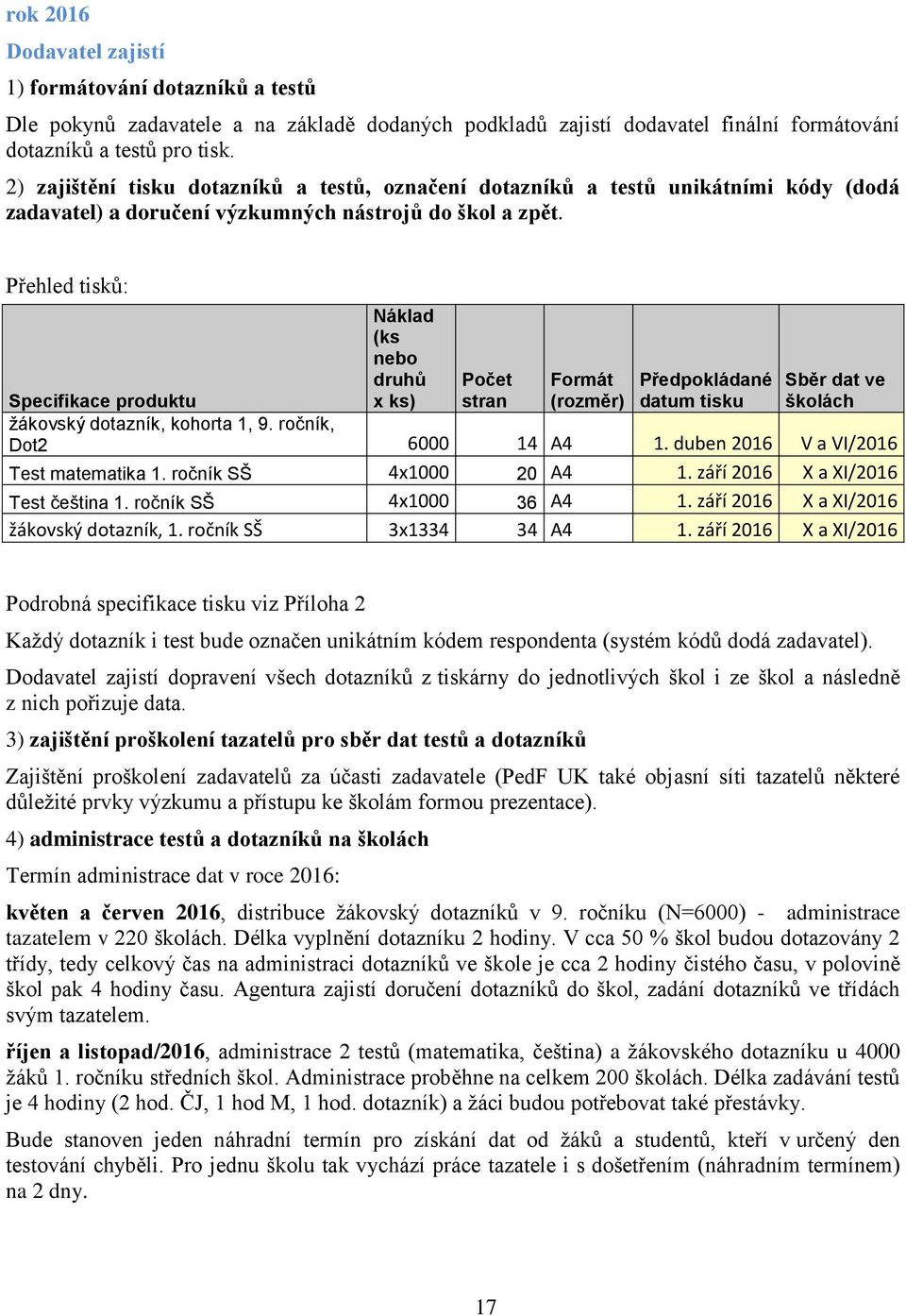 Přehled tisků: Náklad (ks nebo druhů x ks) Počet stran Formát (rozměr) Předpokládané datum tisku Sběr dat ve školách Specifikace produktu žákovský dotazník, kohorta 1, 9. ročník, Dot2 6000 14 A4 1.