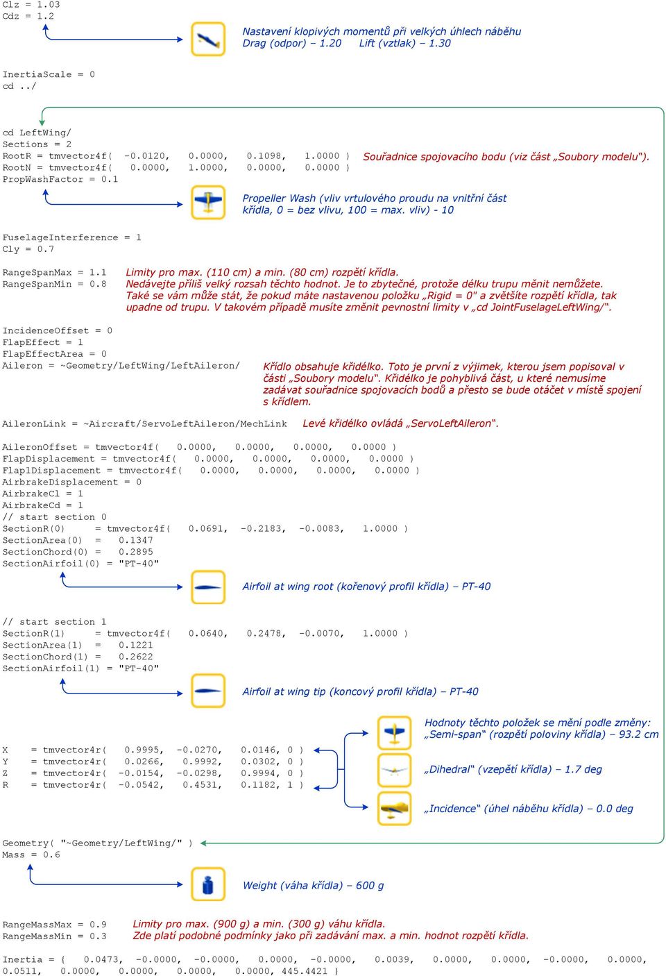 Propeller Wash (vliv vrtulového proudu na vnitřní část křídla, 0 = bez vlivu, 100 = max. vliv) - 10 FuselageInterference = 1 Cly = 0.7 RangeSpanMax = 1.1 RangeSpanMin = 0.8 Limity pro max.