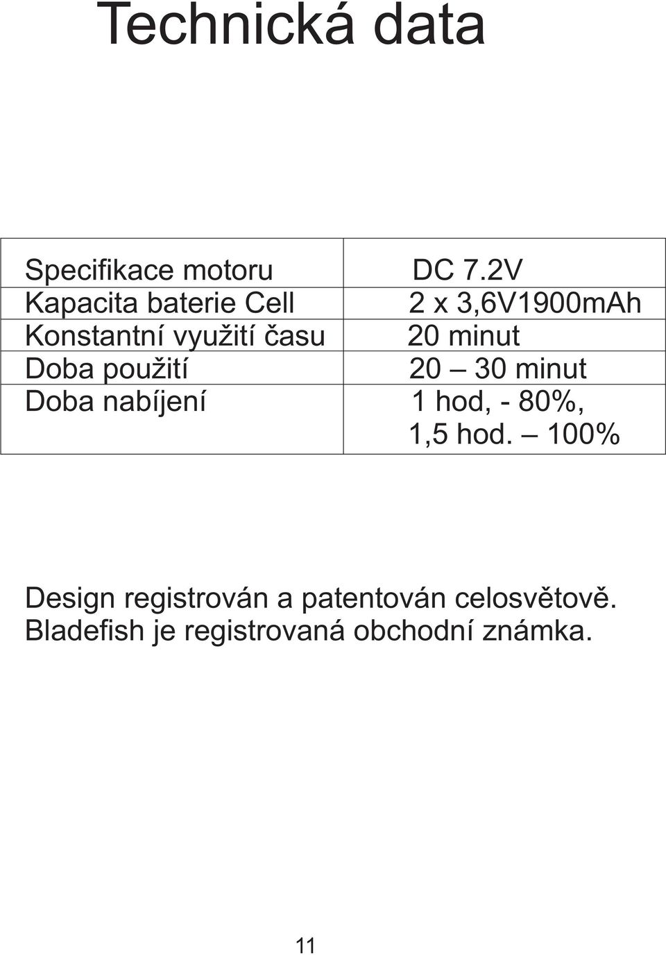 minut Doba použití 20 30 minut Doba nabíjení 1 hod, - 80%, 1,5 hod.