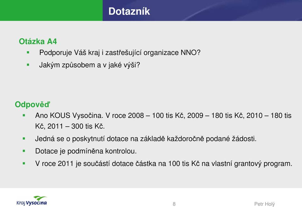 V roce 2008 100 tis Kč, 2009 180 tis Kč, 2010 180 tis Kč, 2011 300 tis Kč.