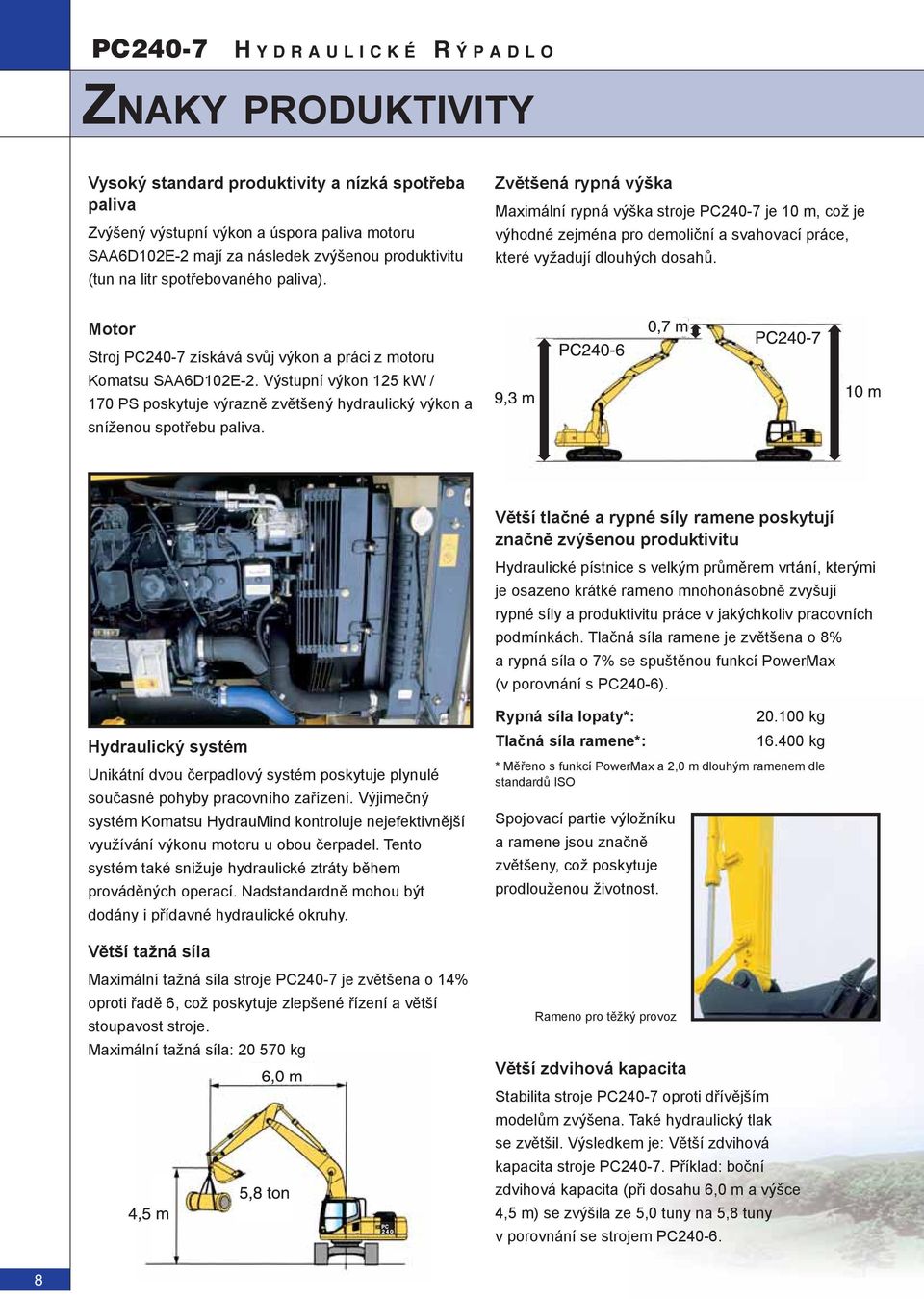 Motor Stroj PC240-7 získává svůj výkon a práci z motoru Komatsu SAA6D102E-2. Výstupní výkon 125 kw / 170 PS poskytuje výrazně zvětšený hydraulický výkon a sníženou spotřebu paliva.