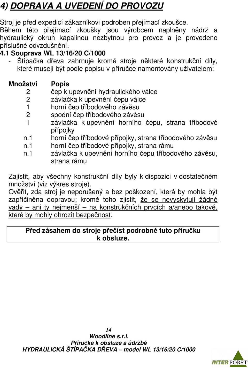 1 Souprava WL 13/16/20 C/1000 - Štípačka dřeva zahrnuje kromě stroje některé konstrukční díly, které musejí být podle popisu v příručce namontovány uživatelem: Množství Popis 2 čep k upevnění