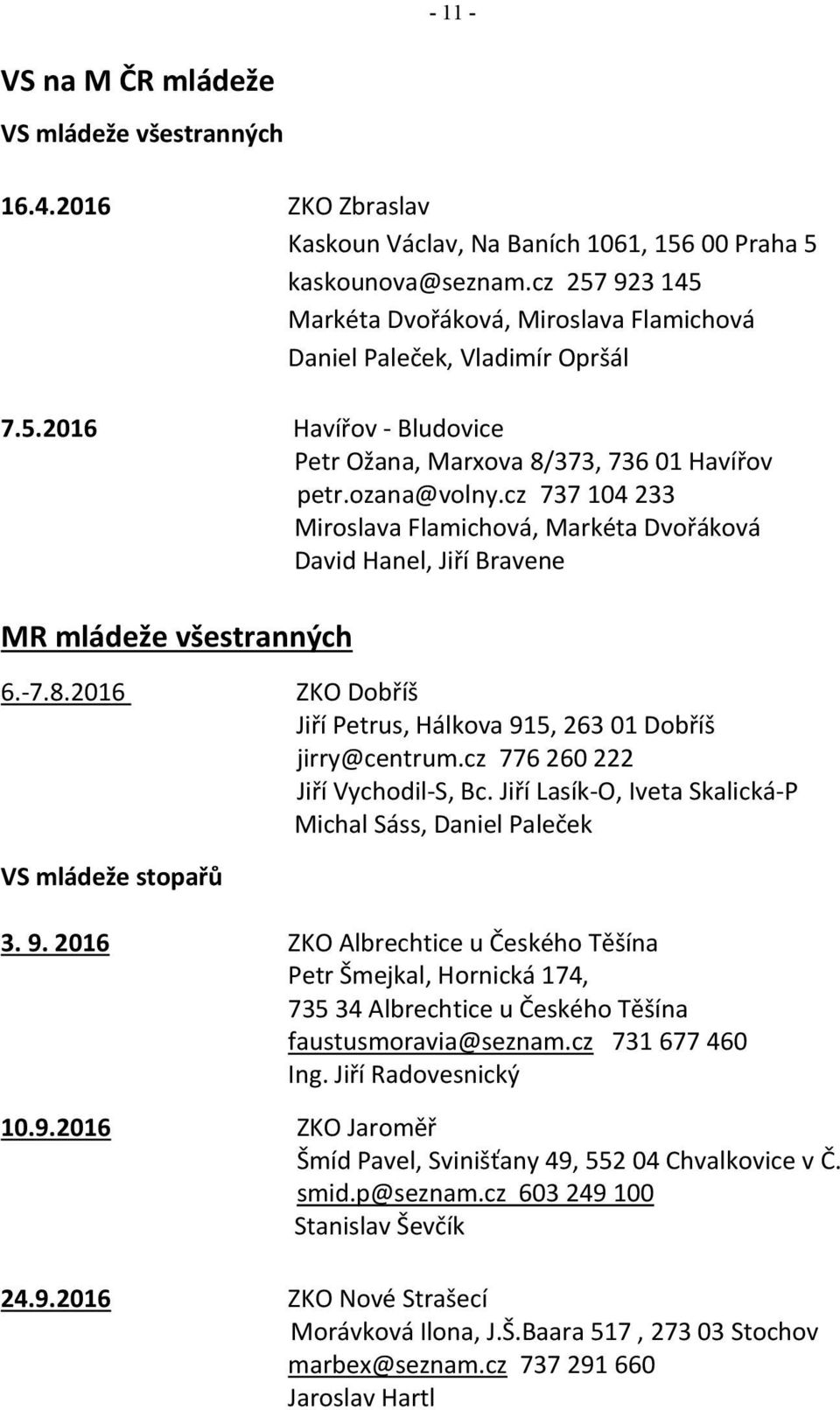 cz 737 104 233 Miroslava Flamichová, Markéta Dvořáková David Hanel, Jiří Bravene MR mládeže všestranných 6.-7.8.2016 ZKO Dobříš Jiří Petrus, Hálkova 915, 263 01 Dobříš jirry@centrum.