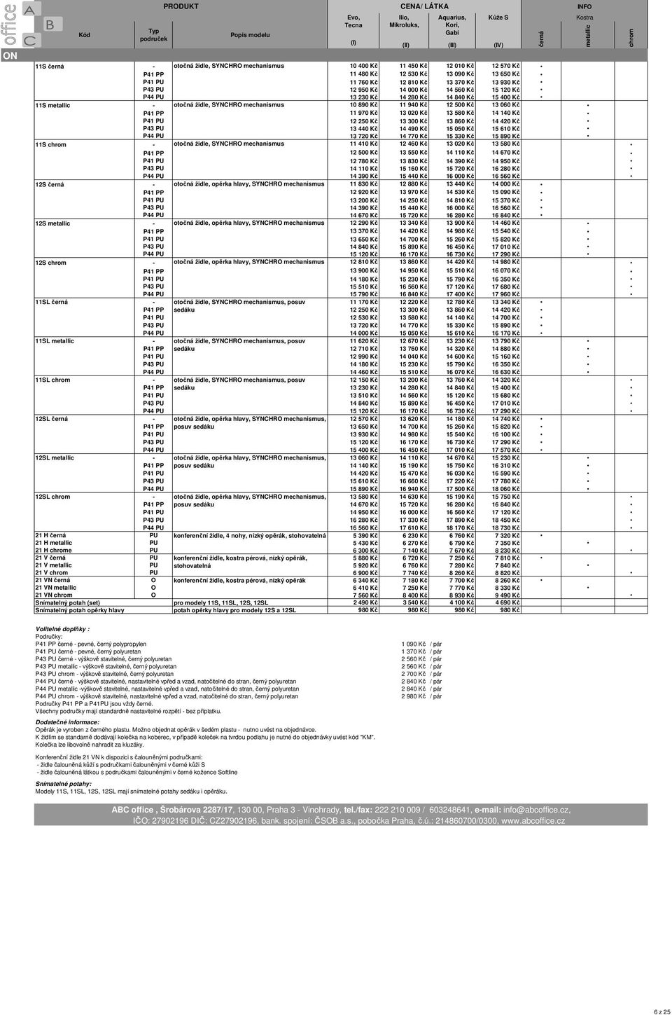 otočná židle, SYNCHRO mechanismus 10 890 Kč 11 940 Kč 12 500 Kč 13 060 Kč P41 PP 11 970 Kč 13 020 Kč 13 580 Kč 14 140 Kč P41 PU 12 250 Kč 13 300 Kč 13 860 Kč 14 420 Kč P43 PU 13 440 Kč 14 490 Kč 15