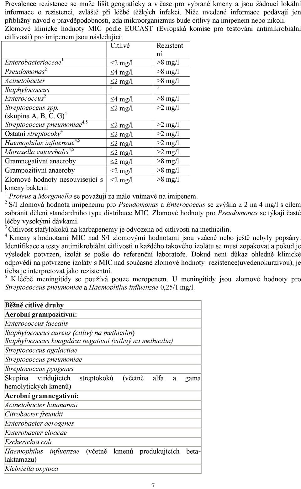 Zlomové klinické hodnoty MIC podle EUCAST (Evropská komise pro testování antimikrobiální citlivosti) pro imipenem jsou následující: Citlivé 7 Rezistent ní Enterobacteriaceae 1 2 mg/l >8 mg/l