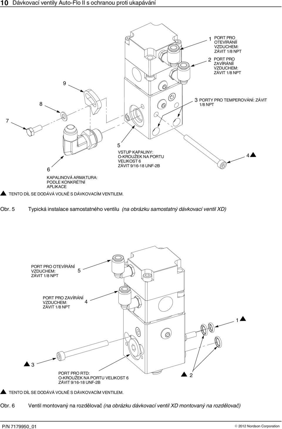 5 Typická instalace samostatného ventilu (na obrázku samostatný dávkovací ventil XD) PORT PRO OTEVÍRÁNÍ VZDUCHEM: ZÁVIT 1/8 NPT 5 PORT PRO ZAVÍRÁNÍ VZDUCHEM: ZÁVIT 1/8 NPT 4 1 3 PORT PRO RTD: