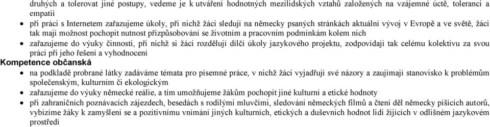 nichž si žáci rozdělují dílčí úkoly jazykového projektu, zodpovídají tak celému kolektivu za svou práci při jeho řešení a vyhodnocení Kompetence občanská na podkladě probrané látky zadáváme témata