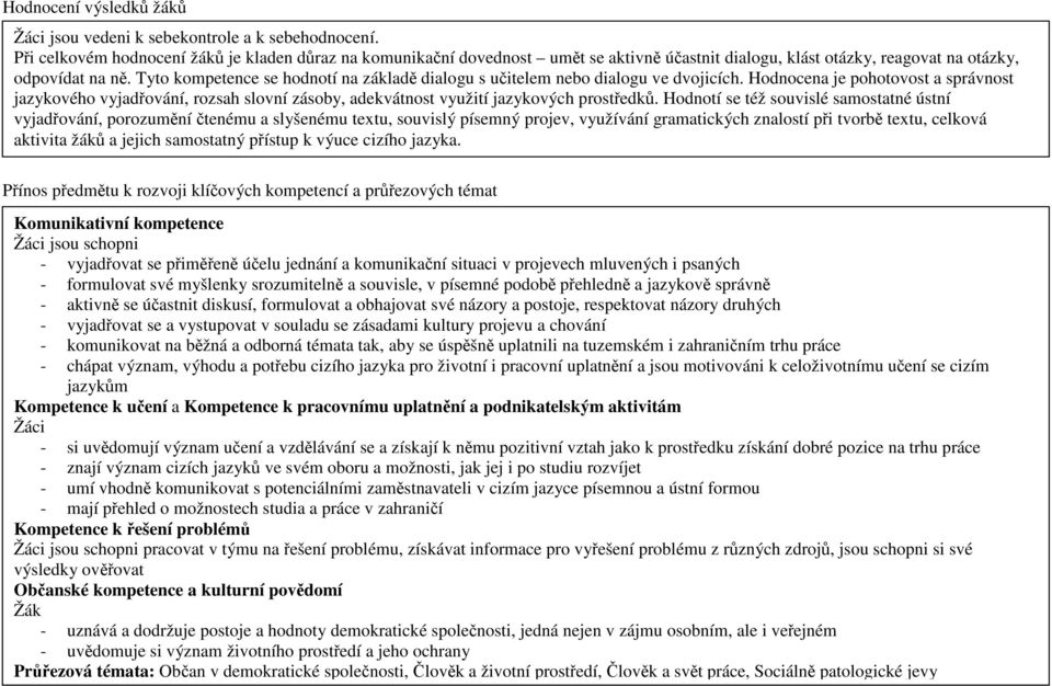 Tyto kompetence se hodnotí na základě dialogu s učitelem nebo dialogu ve dvojicích.