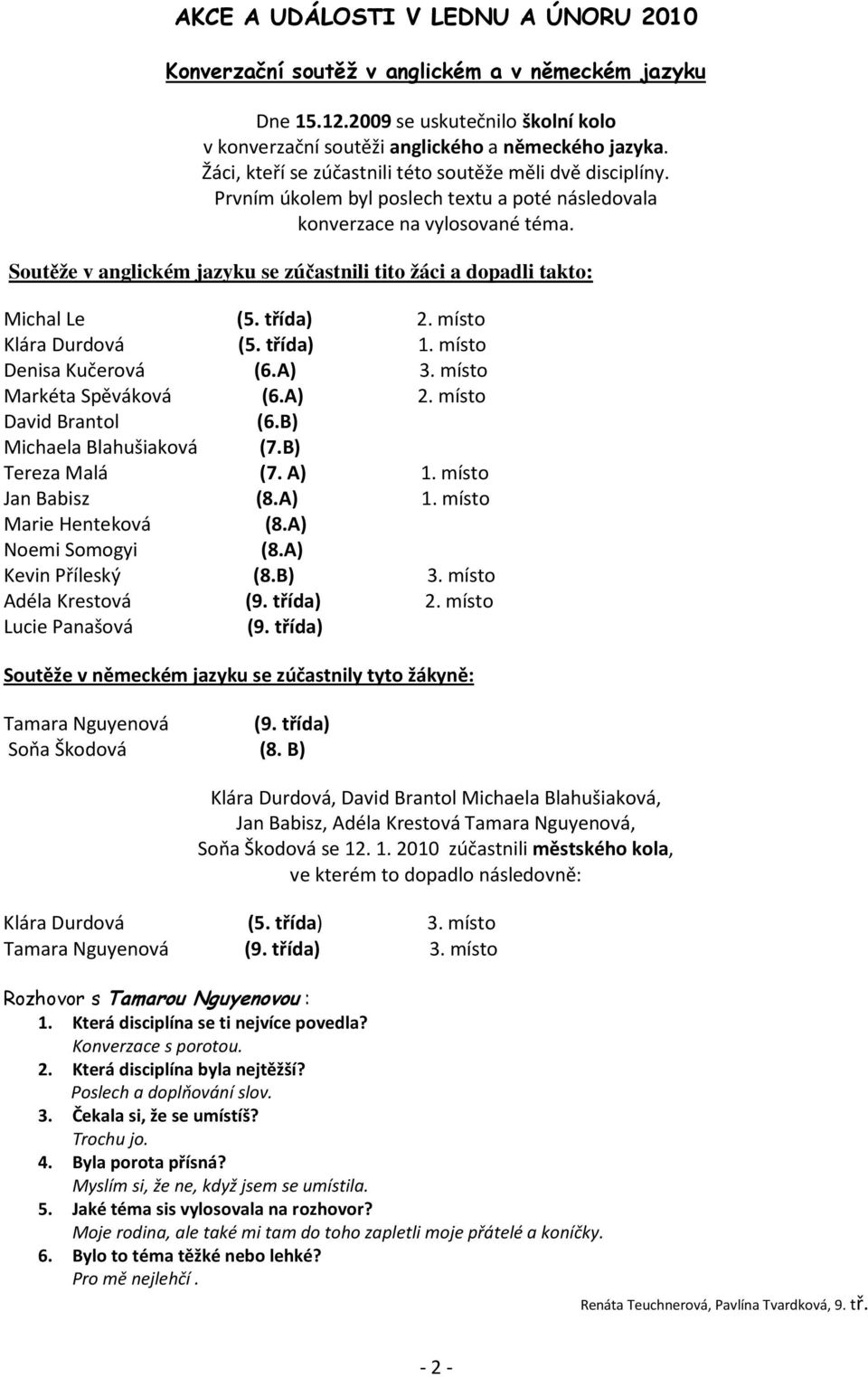 Soutěže v anglickém jazyku se zúčastnili tito žáci a dopadli takto: Michal Le (5. třída) 2. místo Klára Durdová (5. třída) 1. místo Denisa Kučerová (6.A) 3. místo Markéta Spěváková (6.A) 2.