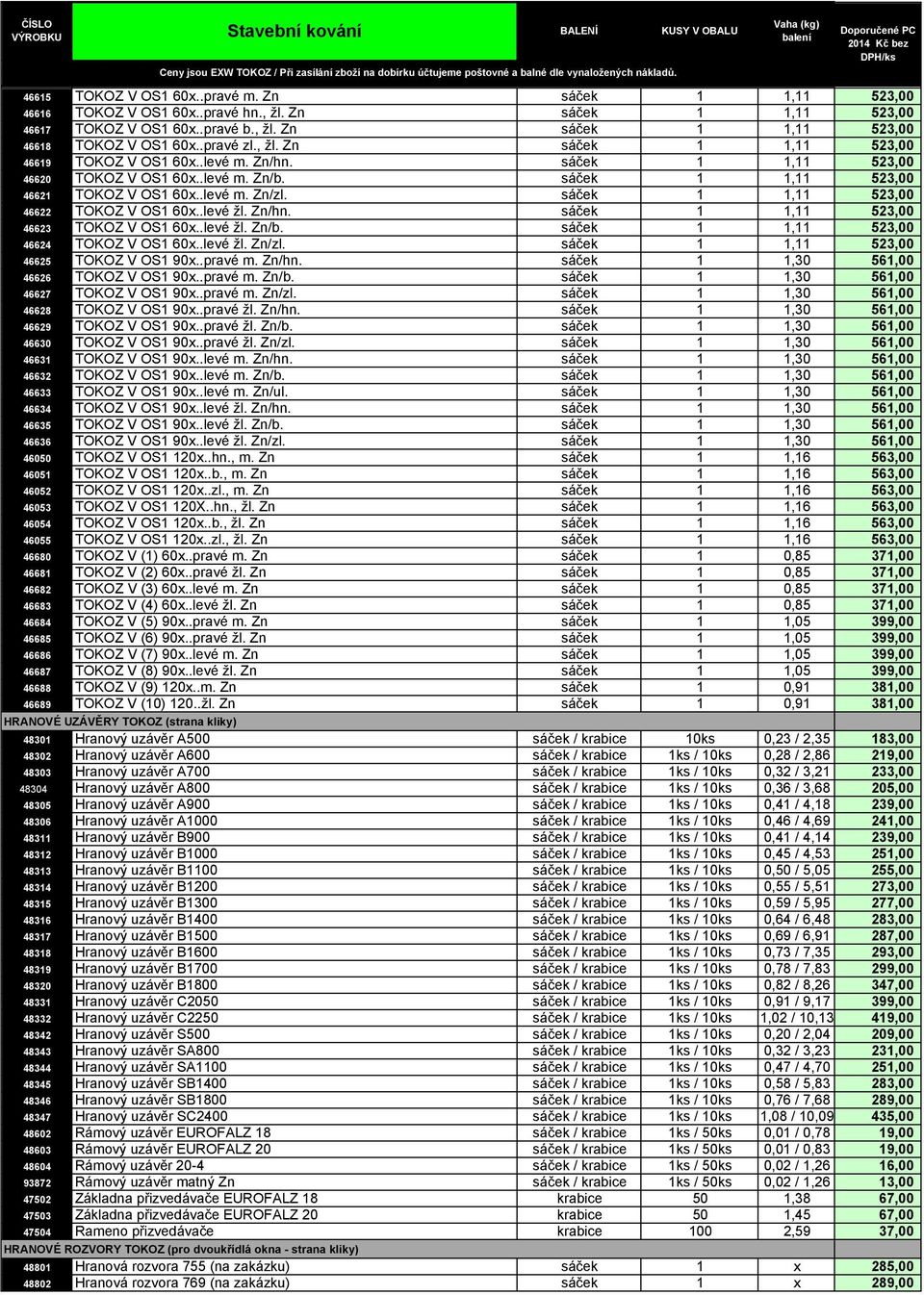 sáček 1 1,11 523,00 46622 TOKOZ V OS1 60x..levé žl. Zn/hn. sáček 1 1,11 523,00 46623 TOKOZ V OS1 60x..levé žl. Zn/b. sáček 1 1,11 523,00 46624 TOKOZ V OS1 60x..levé žl. Zn/zl.