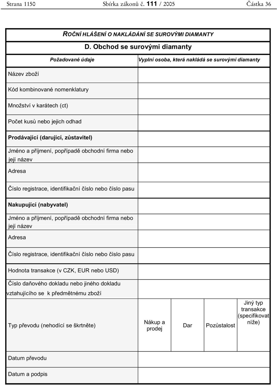 (darující, z stavitel) Jméno a p íjmení, pop ípad obchodní firma nebo její název Adresa íslo registrace, identifika ní íslo nebo íslo pasu Nakupující (nabyvatel) Jméno a p íjmení, pop ípad obchodní